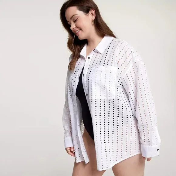 CALIA Women's Oversized Long Sleeve Button Down Swim Cover Up White Size XXS - Picture 2 of 7